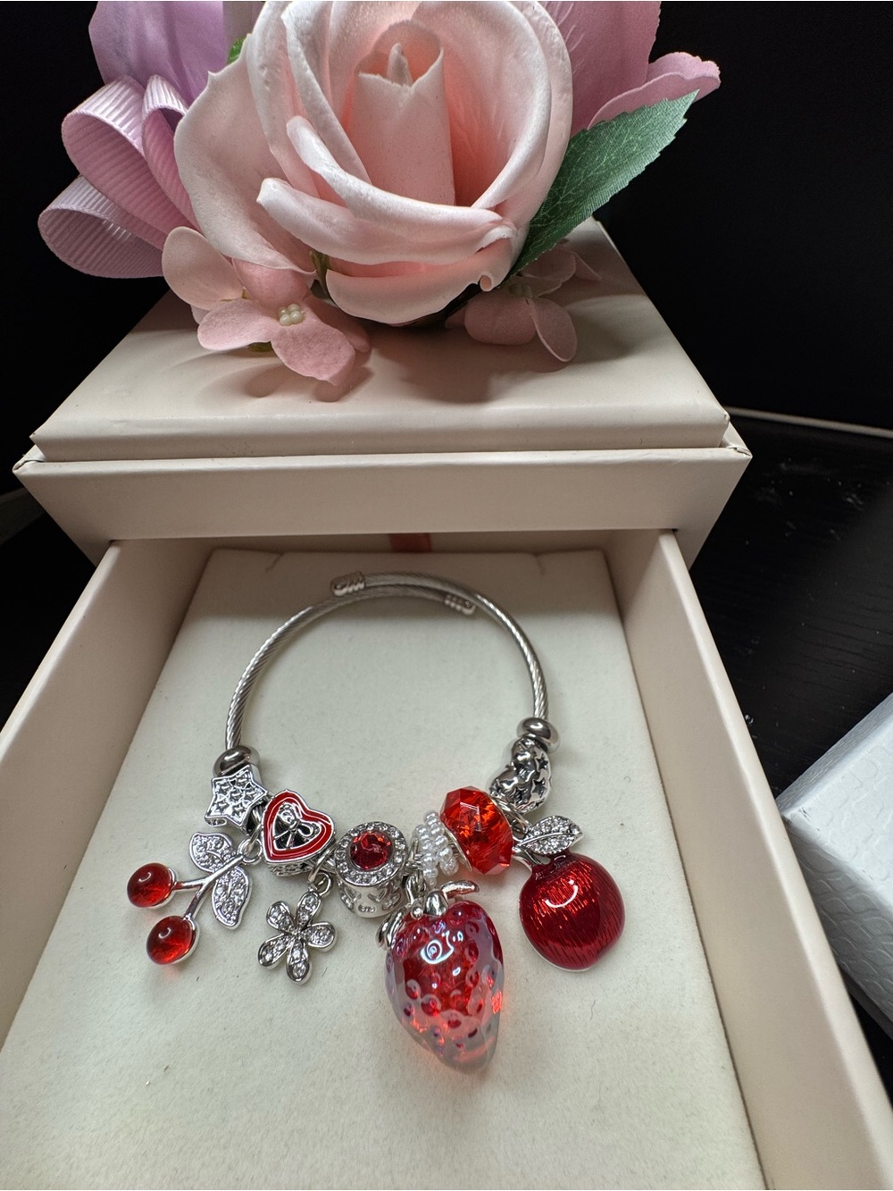 Silver Charm Bracelet with Red Heart & Strawberry Charms